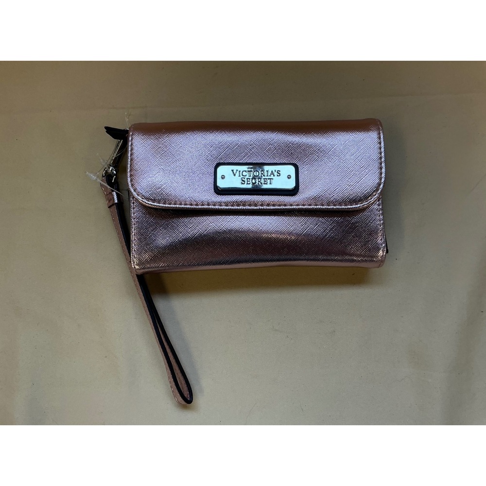 Victorias Secret Rose Gold Metallic Saffiano Wristlet Wallet Heart Detail
